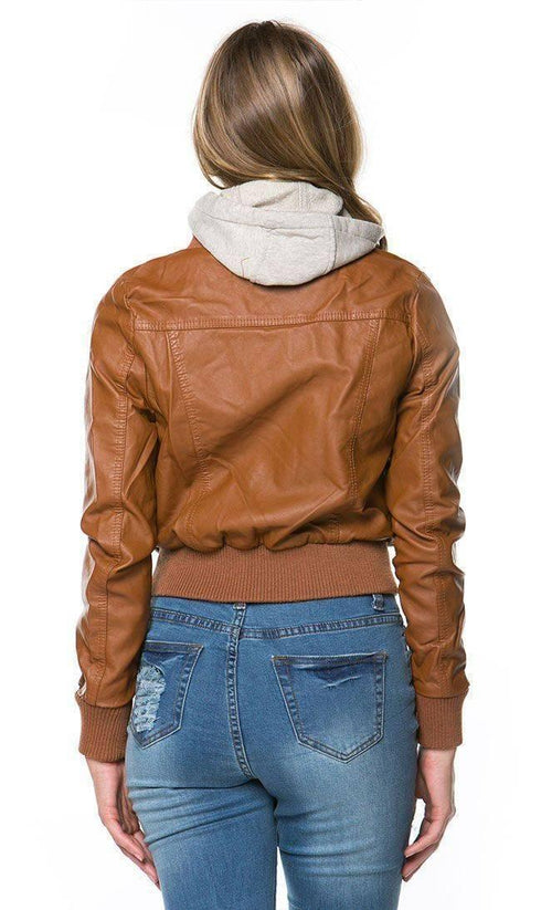 Plus Size Sweater Insert Leather Bomber Jacket in Tan - SohoGirl.com